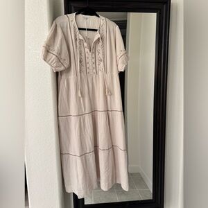 Johnny Was Calme Oatmeal Puff Sleeve Midi Dress L NWT $275